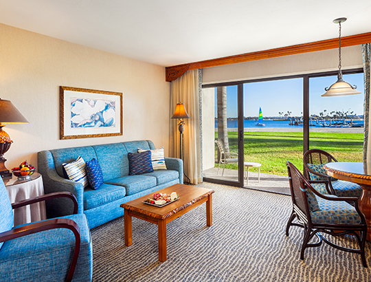 Hotel guest room at the Catamaran Resort Hotel and Spa overlooking the bay